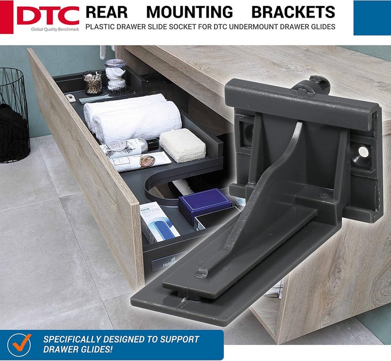 DTC 2 Pack Rear Mounting Brackets Heavy Duty Drawer Slide Socket Plastic Grey Color for Undermount Drawer Glides with Lengths 12"(305mm), 15" (381mm), 18" (457mm), and 21" (533.5mm) - OGA03 - Image 2