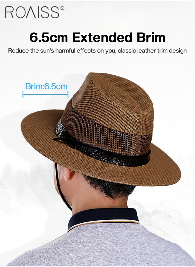 roaiss - Men's Summer Wide Brim Sun Hat, Hollow Mesh Straw Beach Hat, Outdoor Beach Sun Protection Breathable Straw Hat, Suitable for Climbing, Cycling, Running - Image 1