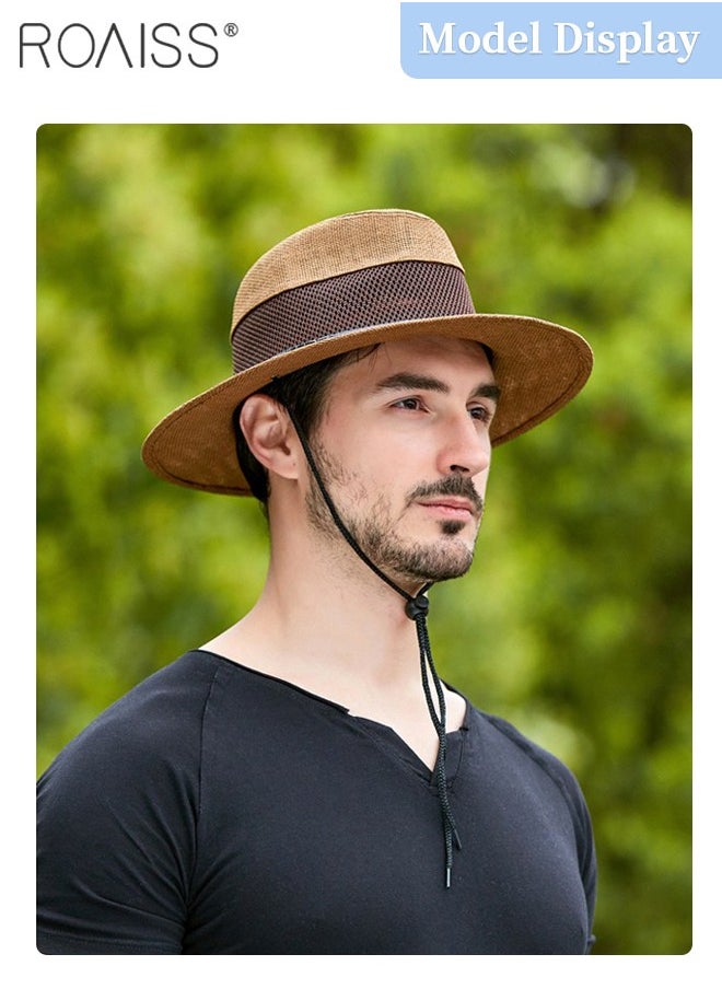roaiss - Men's Summer Wide Brim Sun Hat, Hollow Mesh Straw Beach Hat, Outdoor Beach Sun Protection Breathable Straw Hat, Suitable for Climbing, Cycling, Running - Image 1
