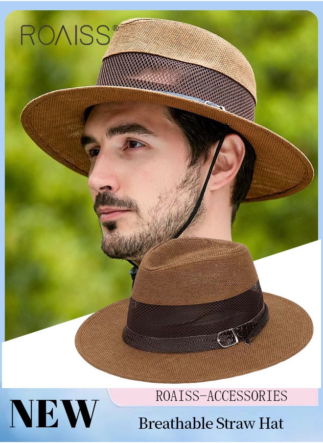roaiss - Men's Summer Wide Brim Sun Hat, Hollow Mesh Straw Beach Hat, Outdoor Beach Sun Protection Breathable Straw Hat, Suitable for Climbing, Cycling, Running - Image 1