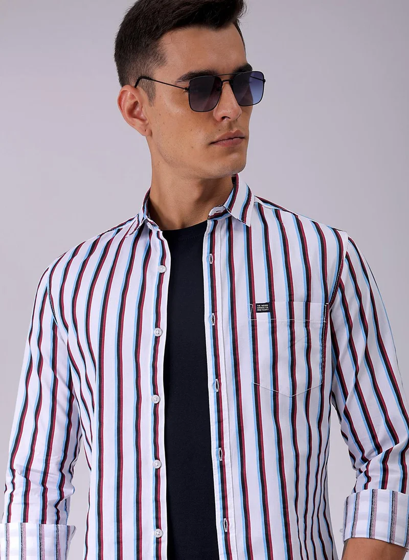 The Indian Garage Co Men Slim Fit Multi Striped Full Sleeves Cutaway Collar Casual Shirt