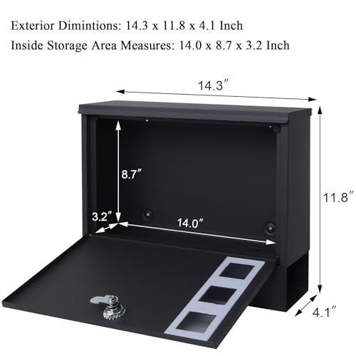 Jssmst Locking Mailbox Wall Mount for Outside– Jssmst Mailboxes with Key Lock for Front Door Fence, Large Capacity Letter Box, 14.3 x 4.1 x 11.8 Inch, Black, SM-HPB911BN - Image 2