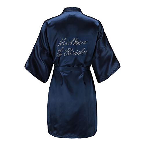 EPLAZA Women's One Size Silver Rhinestones Bride Bridesmaid Short Satin Robes for Wedding Party Getting Ready (Navy, Mother of The Bride) - Image 1