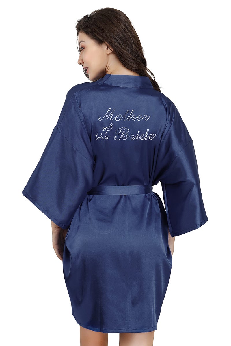 EPLAZA Women's One Size Silver Rhinestones Bride Bridesmaid Short Satin Robes for Wedding Party Getting Ready (Navy, Mother of The Bride) - Image 2