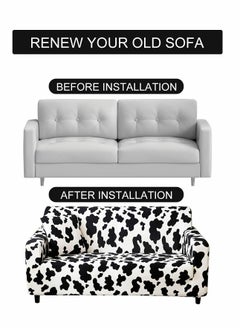 Excefore Elastic Sofa Cover Printed Dustproof Anti-Slip for 3 Cushions Sofa Elastic Universal Furniture Cover with 1 Pillowcase (190-230cm, Black and White Spots)  - Image 3