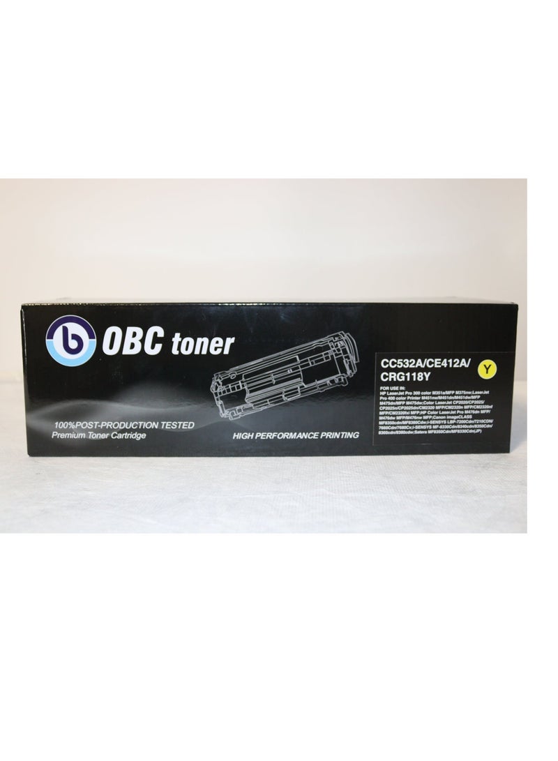 OBC Compatible Yellow Laser Toner Cartridge Replacement for HP CC532A/CE412A-304A and Canon CRG-118Y. Prints up to 2800 pages in bright color and professional print quality. - Image 1