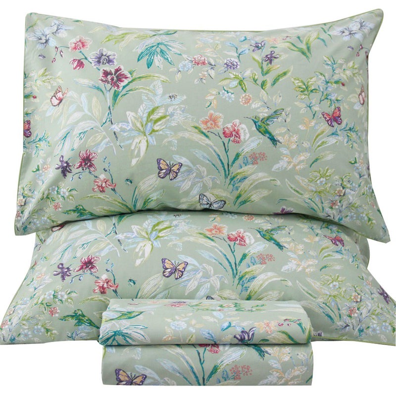 QSH Green Floral Queen Size Sheet Sets - Green Flower Bird Butterfly Print Botanical Bedding Egyptian Cotton Printed Sheets Queen Size Bed Extra Soft and Breathable 17.5" Deep Pockets Bed Sheets 4pcs - Image 1