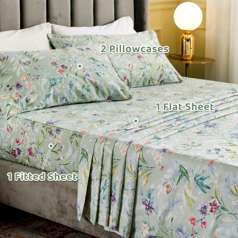 QSH Green Floral Queen Size Sheet Sets - Green Flower Bird Butterfly Print Botanical Bedding Egyptian Cotton Printed Sheets Queen Size Bed Extra Soft and Breathable 17.5" Deep Pockets Bed Sheets 4pcs - Image 5