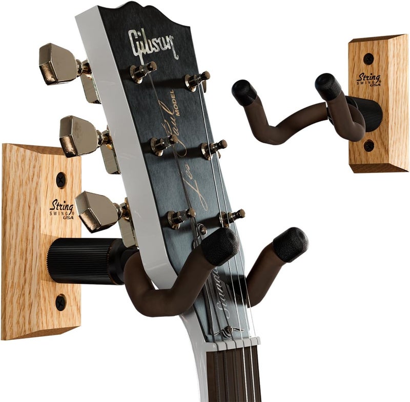 String Swing Guitar Hanger - Holder for Electric Acoustic and Bass Guitars - Stand Accessories Home or Studio Wall - Musical Instruments Safe Without Hard Cases - Oak Hardwood CC01K-O 2-Pack - Image 1