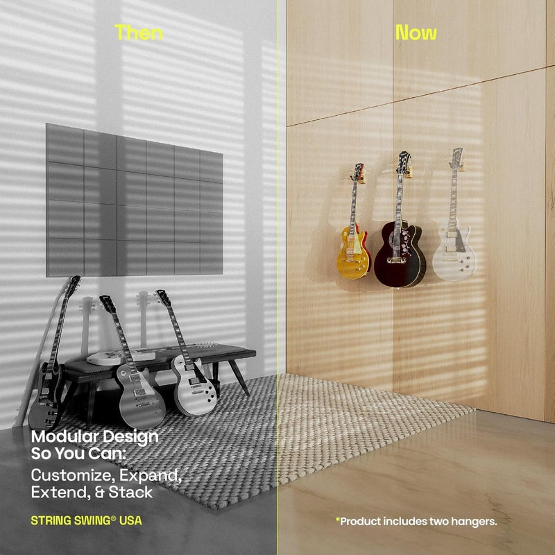 String Swing Guitar Hanger - Holder for Electric Acoustic and Bass Guitars - Stand Accessories Home or Studio Wall - Musical Instruments Safe Without Hard Cases - Oak Hardwood CC01K-O 2-Pack - Image 2