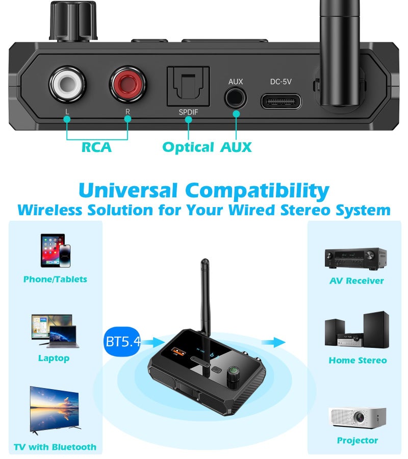 KAIY Bluetooth 5.4 Receiver for Home Stereo, Optical Low Latency & HD Music Audio Bluetooth to RCA Adapter for Stereo/Speakers/Wired Speakers/Home Audio Music Streaming Stereo System, Support AUX/USB - Image 3