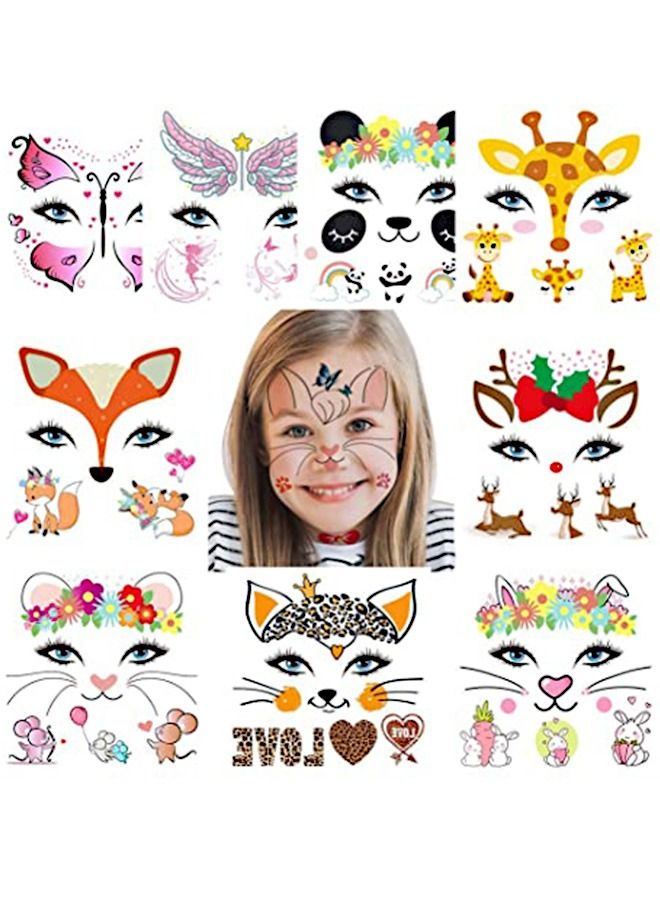 Cute Animal Cartoon Temporary Face Tattoo Sticker Set, Waterproof Transfer Butterfly Panda Deer Giraffe Fairy Floral, Festival Body Paint Makeup Decoration Sticker, Dancer Costume Birthday Party - Image 1