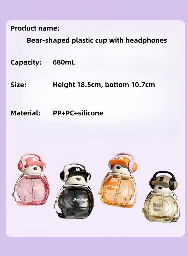 nihao New Cute Bear with Earphone Outdoor Water Cup Large Capacity Straw ,Children's Water Bottle ,Tumbler,Leak-Proof Water Bottle with Flip Top Reusable Plastic Drinking Bottle 680ML-Black - Image 3
