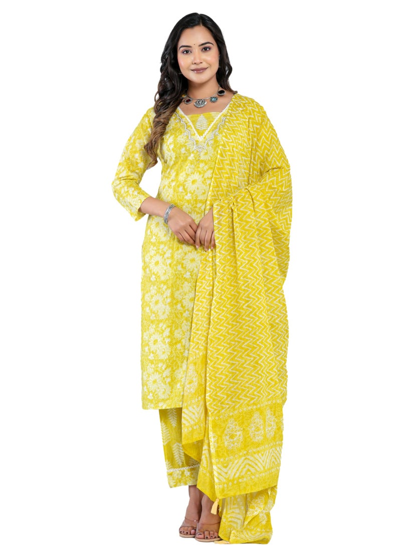 rytras Women's Cotton Printed Straight Kurta with Palazzo Pant and Dupatta Set(RYT569,New,Yellow,S) - Image 4