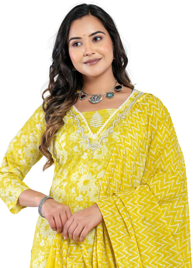 rytras Women's Cotton Printed Straight Kurta with Palazzo Pant and Dupatta Set(RYT569,New,Yellow,S) - Image 1