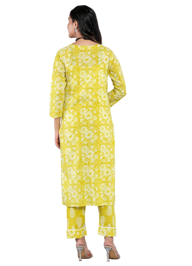 rytras Women's Cotton Printed Straight Kurta with Palazzo Pant and Dupatta Set(RYT569,New,Yellow,S) - Image 2