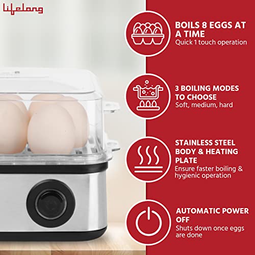 Lifelong 2-in1 Egg Boiler and Poacher 500-Watt (Black), Boil 8 eggs, Poach 4 eggs, Easy to clean| 3 Boiling Modes, Stainless Steel Body and Heating Plate, Automatic Turn-Off - Image 3