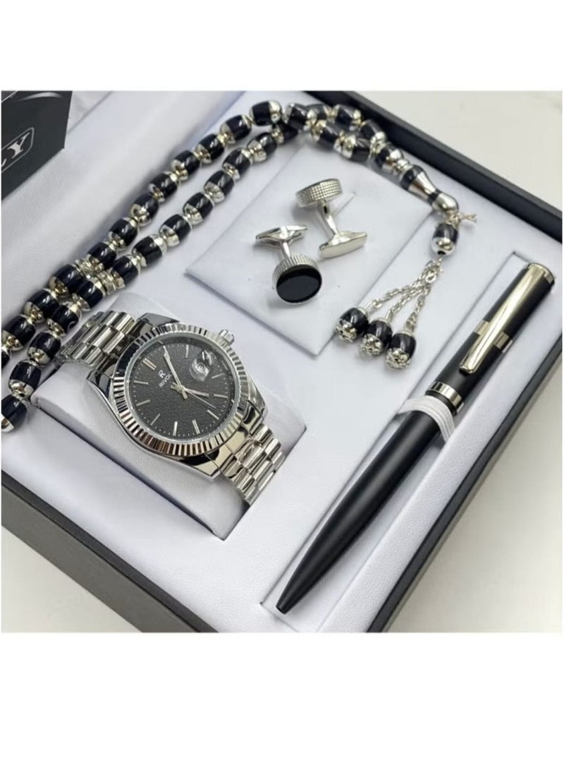 ريفولي طقم رجالي متكامل مكون من ساعة و خاتم عقيق يمني فضة عيار 925 وسبحة وقلم وكبك - Image 1