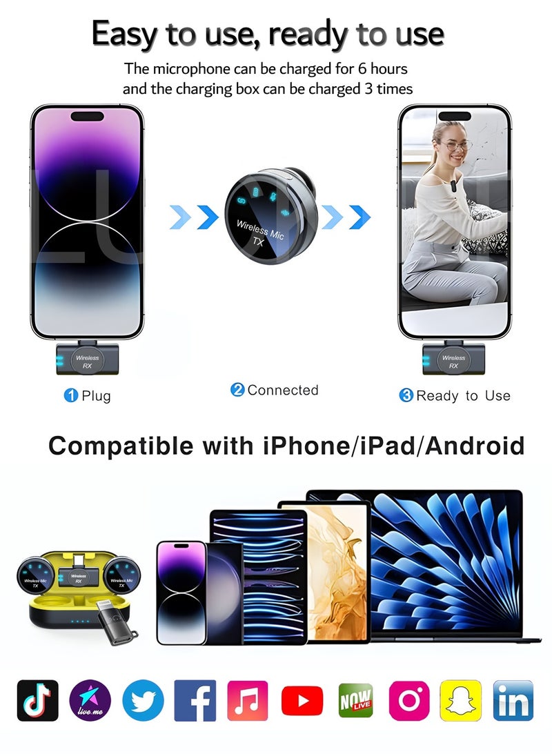 LUCKIER - Magnetic lavalier microphone for iPhone/Android, weighing only 8g Mini microphone with noise reduction function, with Lightning/USB C (2 TX+1 RX+charging Case) 18H battery Suitable for video recording, interviews, video blogs, YouTube - Image 1