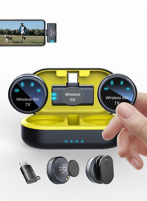 Magnetic lavalier microphone for iPhone/Android, weighing only 8g Mini microphone with noise reduction function, with Lightning/USB C (2 TX+1 RX+charging Case) 18H battery Suitable for video recording, interviews, video blogs, YouTube