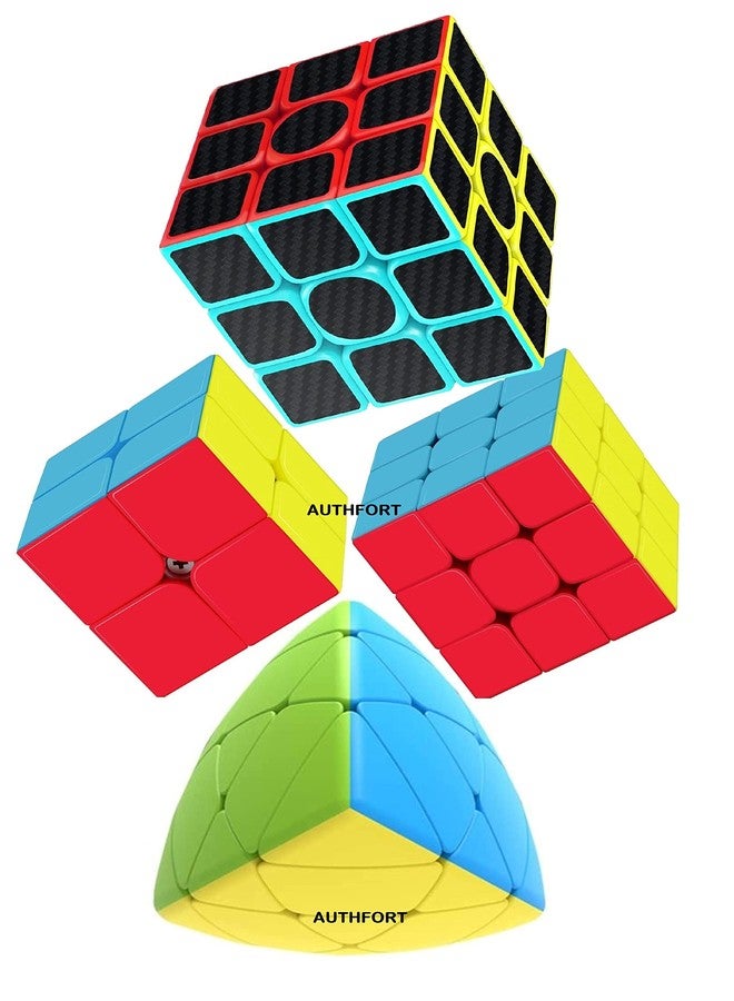 Authfort Speed Cube Set 3 x 3 Carbon Fiber Stickers, Mastermorphix Stickerless & 2 X 2, 3 X 3 High Speed Cube Combo Pack of 4 (4 Pieces)