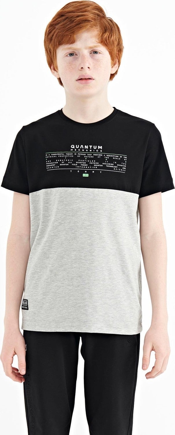 Tommy Life Gray Melange Text Printed Color Block Standard Pattern O Neck Boy T-Shirt - 11134 - Image 1