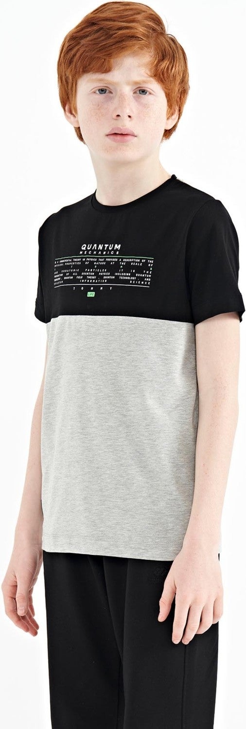 Tommy Life Gray Melange Text Printed Color Block Standard Pattern O Neck Boy T-Shirt - 11134 - Image 3