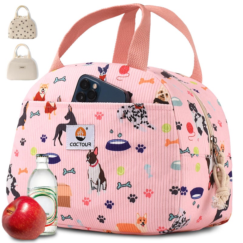 CaCTOUR Lunch Bag Lunch Box for Girls Teens Women, Cute Lunch Box Cooler Bag,Portable Reusable Corduroy Insulated LunchBox for Work/Travel/Picnic/School (Pet Pink) - Image 1