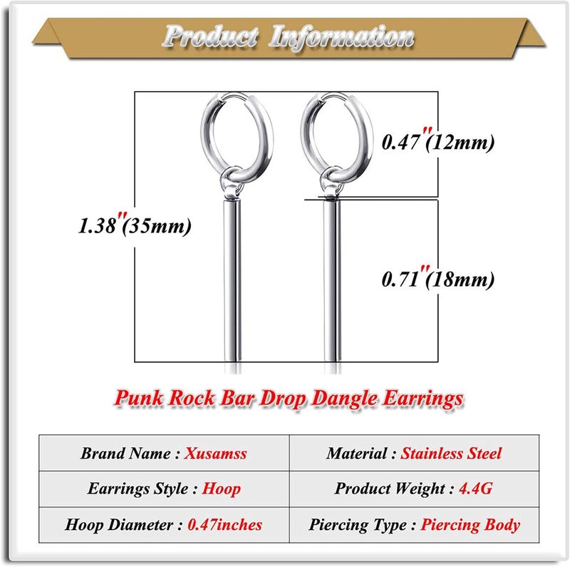 Xusamss Punk Jewelry Stainless Steel Huggie Hinged Earrings Bar Dangle Drop Earrings - Image 2