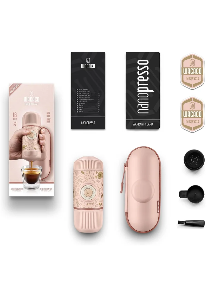 WACACO Nanopresso Dark Souls | Portable Espresso Machine w/ Travel Case, 18Bar High Extraction Power, 80ml Water Capacity, Works w/ NS Adapter for Capsules, For Camping, Travel, Office, Home - Pink