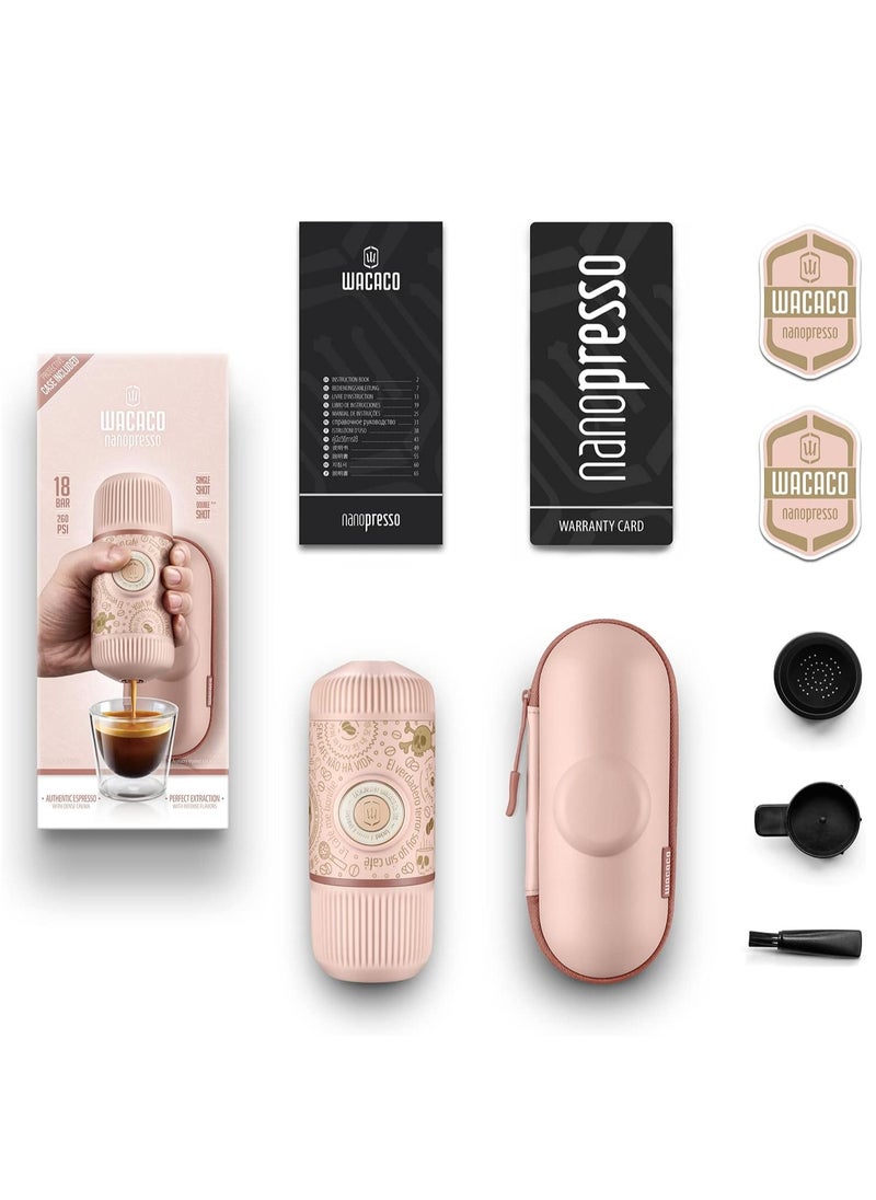 WACACO - Nanopresso Dark Souls | Portable Espresso Machine w/ Travel Case, 18Bar High Extraction Power, 80ml Water Capacity, Works w/ NS Adapter for Capsules, For Camping, Travel, Office, Home - Pink - Image 1