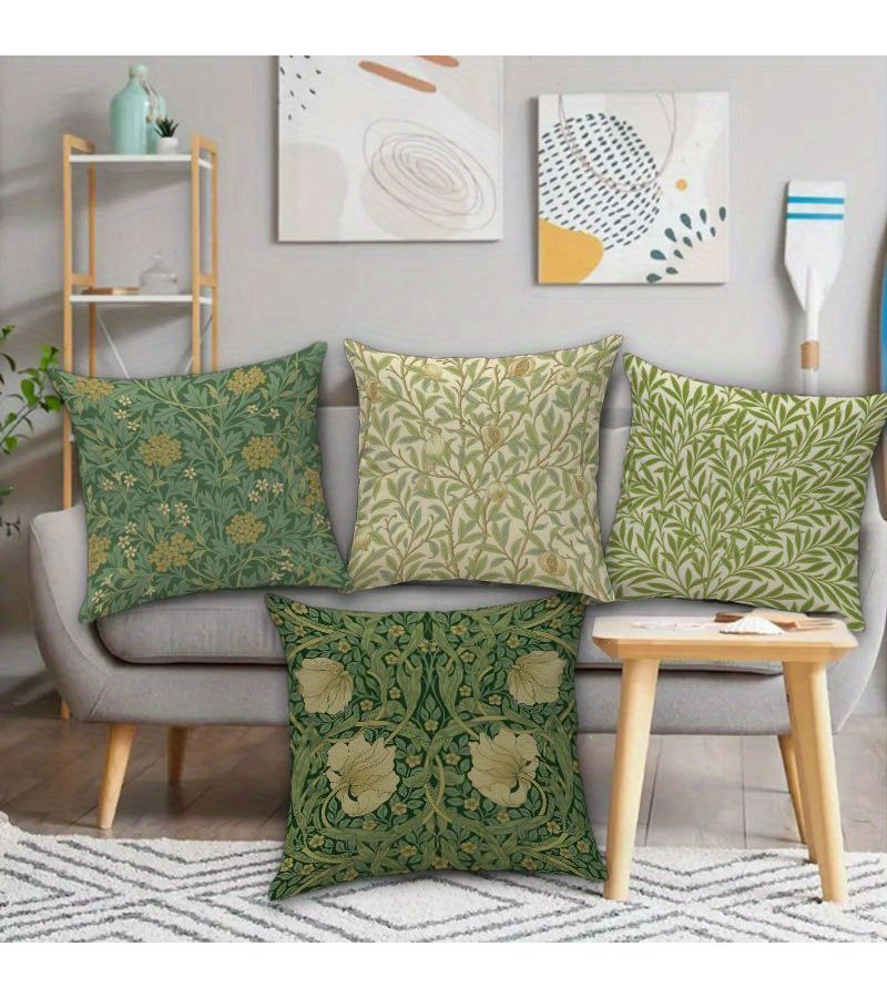 Set Of 4 Single Sided 2D Vintage Chinese Style Floral Cushions With Plant Designs Green And Birds Suitable For Living Room Bedroom Sofa With Zipper Closure Size 14x14 Inches - Image 5