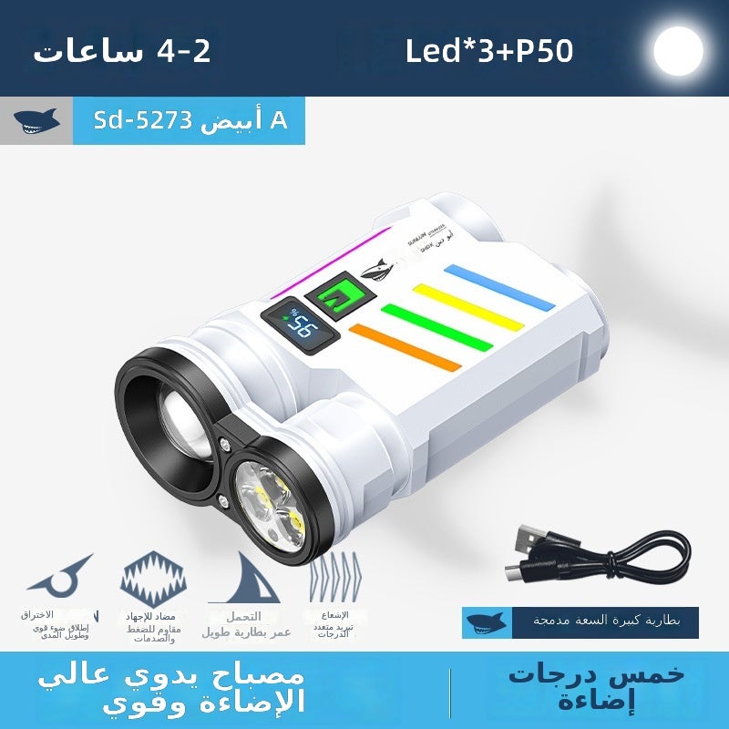 القرش المبتسم SMILING SHARK مصباح يدوي محمول قابل للشحن عبر USB مع وضعين للإضاءة، سطوع عالي، إضاءة لامعة ومؤشر بطارية - Image 1