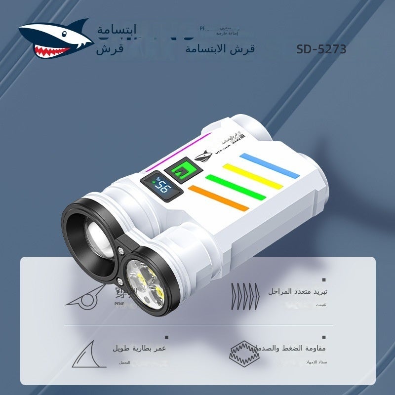 القرش المبتسم SMILING SHARK مصباح يدوي محمول قابل للشحن عبر USB مع وضعين للإضاءة، سطوع عالي، إضاءة لامعة ومؤشر بطارية - Image 2