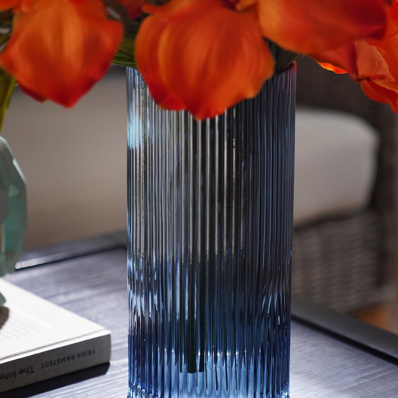 PURE HOME + LIVING Pure Home Living Blue Ribbed Straight Glass Vase Medium  - Image 2