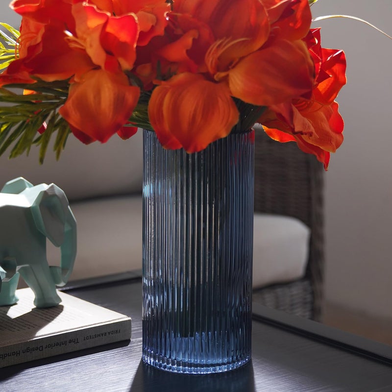 PURE HOME + LIVING Pure Home Living Blue Ribbed Straight Glass Vase Medium  - Image 1