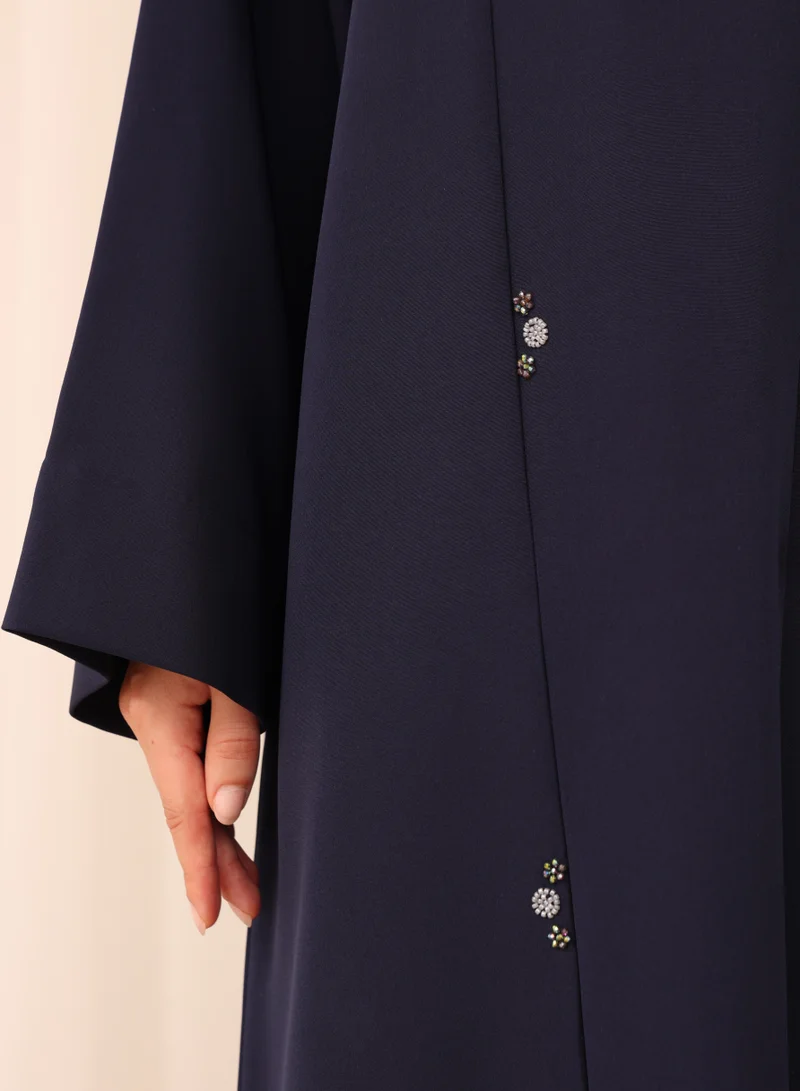 Nikias  Navy Blue Crepe Abaya With Beads Work for Women | Best Price UAE