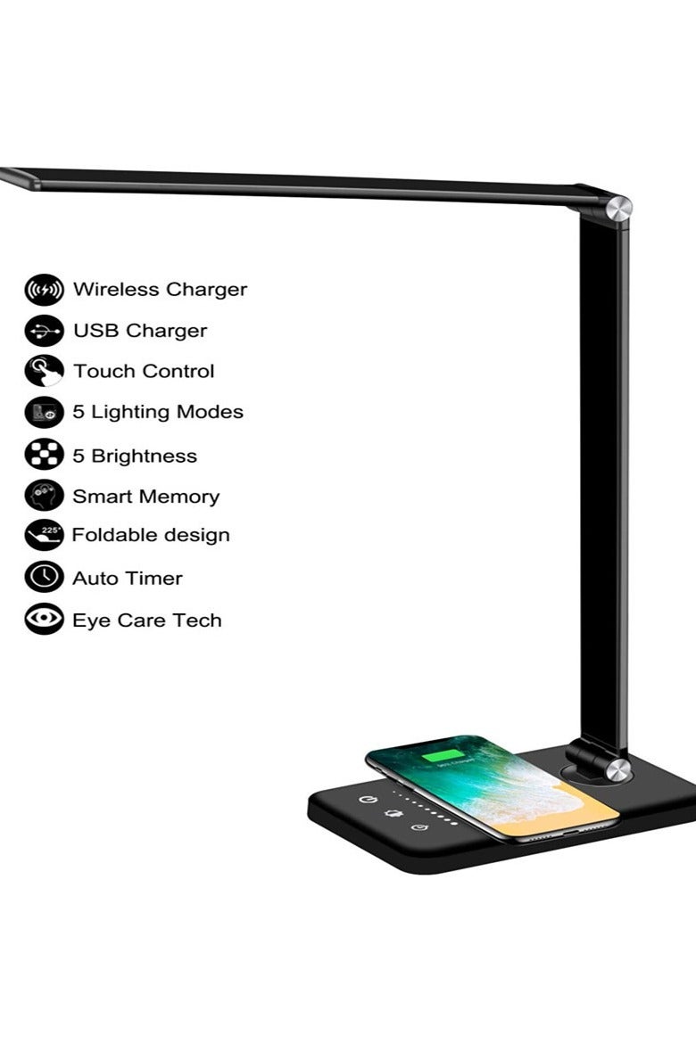 LED Desk Lamp with Wireless Charger, USB Charging Port, 10 Brightness, 5 Color Modes, Desk Lamps for Home Office, Dimmable Table Lamp Eye Caring Reading Light, Touch Control, Auto Timer, Black - Image 1