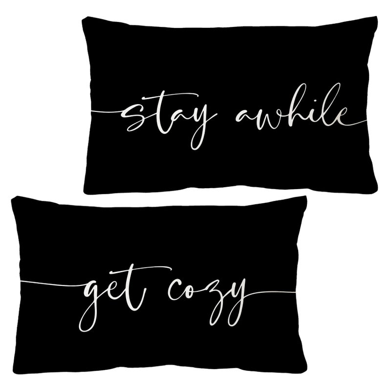 Sidhua Family Sentiment Themed Pillowcases Decorations for Home Get Cozy Stay Awhile Black Throw Pillow Covers 12x20Set of 2 Housewarming Gifts Couples Gifts Bed Gifts