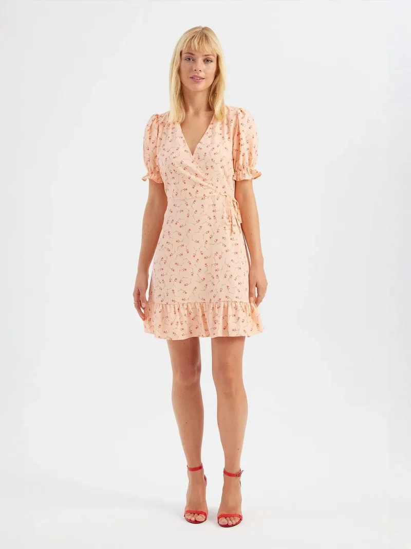 HICCUP Floral V Neck Ruffled Short Sleeve Mini Dress