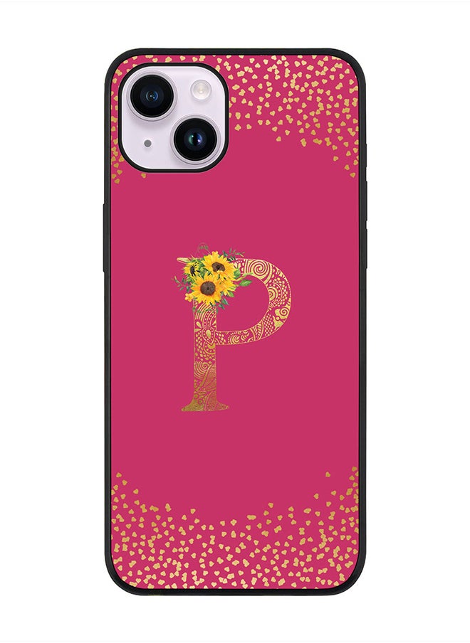 Stylizedd Rugged Black edge case for Apple iPhone 14 Plus, Soft Flexible Phone case Custom Monogram Initial Letter Mandala Floral Pattern Alphabet- P (Dark Pink Rose)  - Image 1