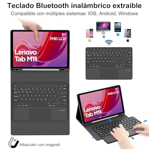 BORIYUAN Touch Keyboard Case for Lenovo Tab M11 / K11 LTE 11 Inch 2024, Detachable Wireless Bluetooth Keyboard Cover, Folio PU Leather Case with Pencil Holder Auto Wake/Sleep, Multi-Angle Kickstand, Trackpad - Image 3