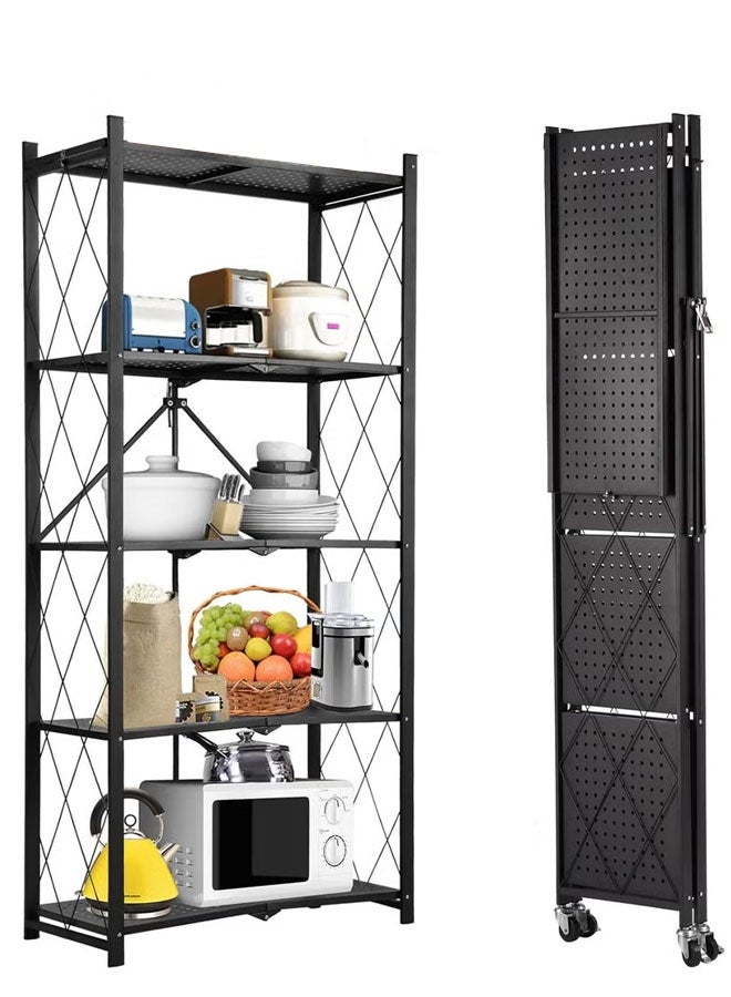 Cady One Kitchen Storage Rack and Heavy Duty Metal Storage Shelving Unit on Rolling Cart for Garage, Kitchen, Basement, Pantry, Foldable Storage Rack, 5-Tier Thick Foldable Kitchen Storage Racks and Organizers with Wheels, Large Capacity Storage Drawers, Black  - Image 3