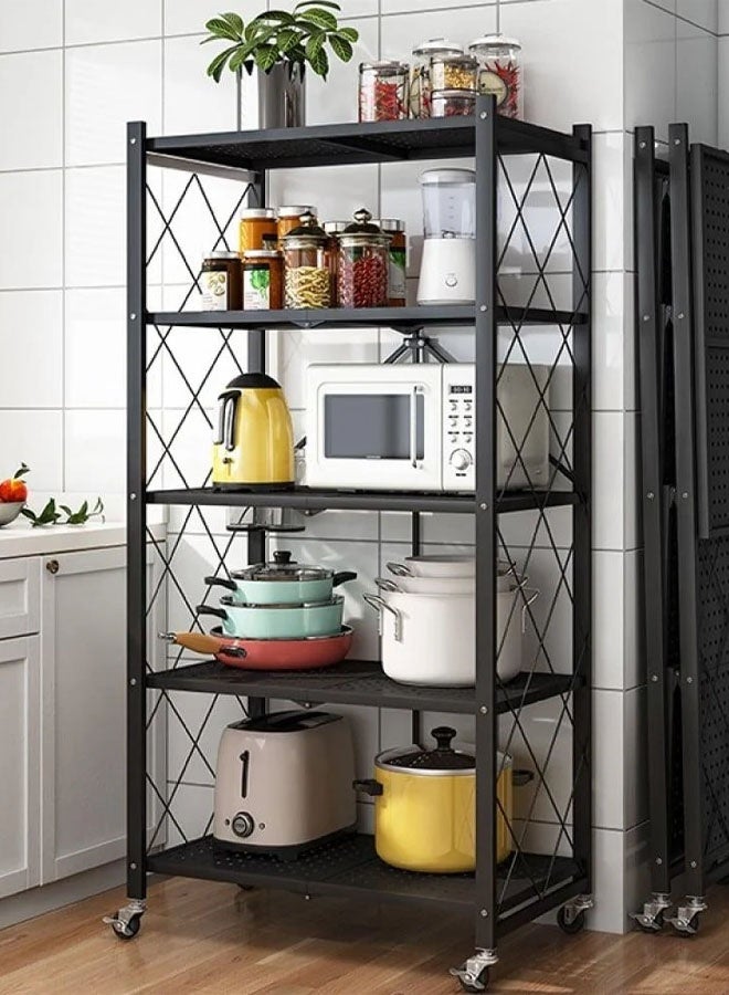 كادي ون حامل تخزين للمطبخ حديد و وحدة ارفف تخزين معدنية قوية على عربة متحركة للكراج والمطبخ والقبو والمخزن ، رف تخزين قابل للطي , رفوف تخزين و منظمات مطبخ قابلة للطي بخمس طبقات سميكة مع عجلات ،ادراج تخزين بسعة كبيرة ، لون اسود - Image 2