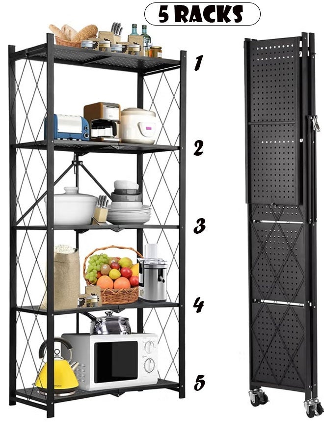 كادي ون حامل تخزين للمطبخ حديد و وحدة ارفف تخزين معدنية قوية على عربة متحركة للكراج والمطبخ والقبو والمخزن ، رف تخزين قابل للطي , رفوف تخزين و منظمات مطبخ قابلة للطي بخمس طبقات سميكة مع عجلات ،ادراج تخزين بسعة كبيرة ، لون اسود - Image 4