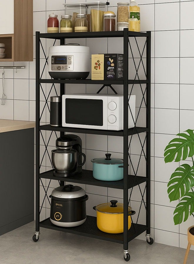 كادي ون حامل تخزين للمطبخ حديد و وحدة ارفف تخزين معدنية قوية على عربة متحركة للكراج والمطبخ والقبو والمخزن ، رف تخزين قابل للطي , رفوف تخزين و منظمات مطبخ قابلة للطي بخمس طبقات سميكة مع عجلات ،ادراج تخزين بسعة كبيرة ، لون اسود - Image 3