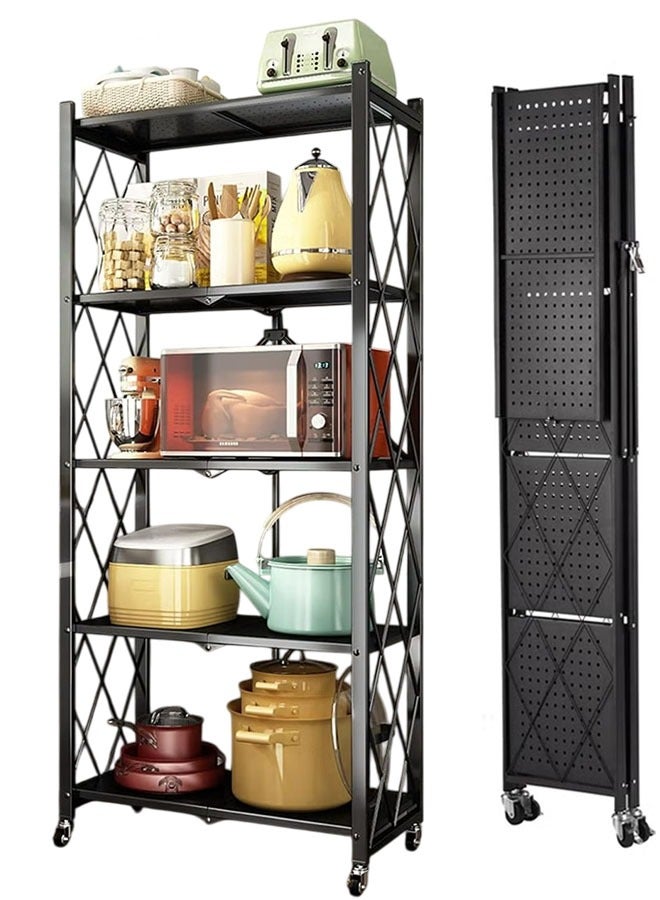 كادي ون حامل تخزين للمطبخ حديد و وحدة ارفف تخزين معدنية قوية على عربة متحركة للكراج والمطبخ والقبو والمخزن ، رف تخزين قابل للطي , رفوف تخزين و منظمات مطبخ قابلة للطي بخمس طبقات سميكة مع عجلات ،ادراج تخزين بسعة كبيرة ، لون اسود - Image 1