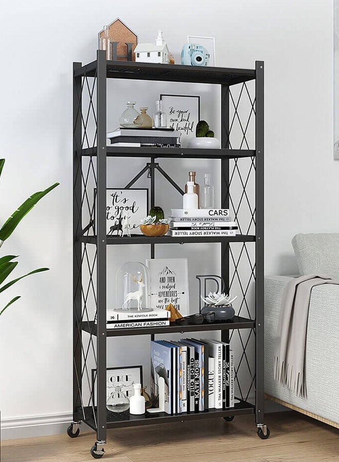 كادي ون حامل تخزين للمطبخ حديد و وحدة ارفف تخزين معدنية قوية على عربة متحركة للكراج والمطبخ والقبو والمخزن ، رف تخزين قابل للطي , رفوف تخزين و منظمات مطبخ قابلة للطي بخمس طبقات سميكة مع عجلات ،ادراج تخزين بسعة كبيرة ، لون اسود - Image 5