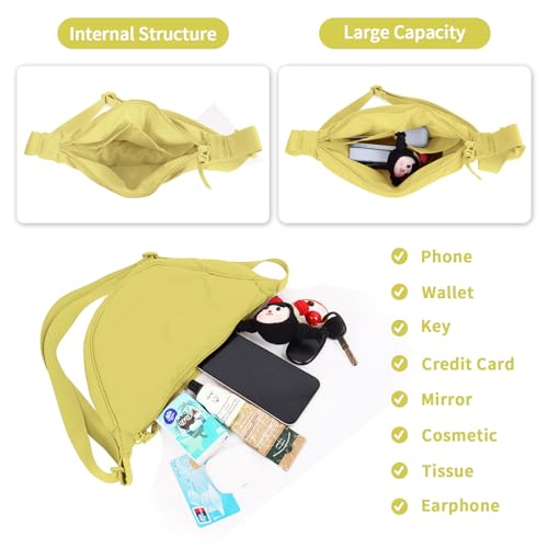 EVGLOW Nylon Crescent Crossbody Bag for Women Purses Trendy Men,Small Travel Sling Bag Hobo,Lightweight Fanny Pack with Zip Adjustable Strap,Round Soft Shoulder Pouch Bag for Daily Use(Small Butter Yellow) - Image 4