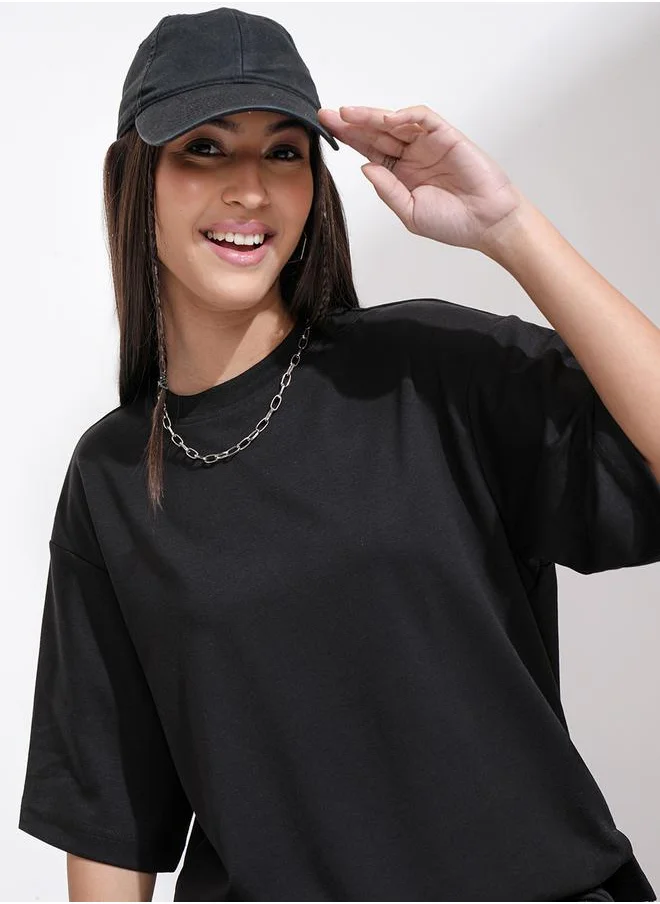 Tokyo Talkies Solid Drop Shoulder Oversized T-Shirt